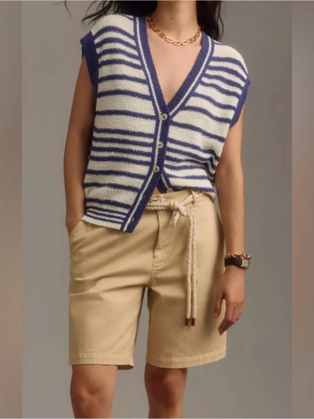 Anthropologie Navy and White Striped Button-Front Sweater Vest